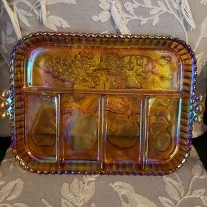 Vintage Indiana Glass Iridescent Amber Carnival Glass 5 Part Divided Relish Tray